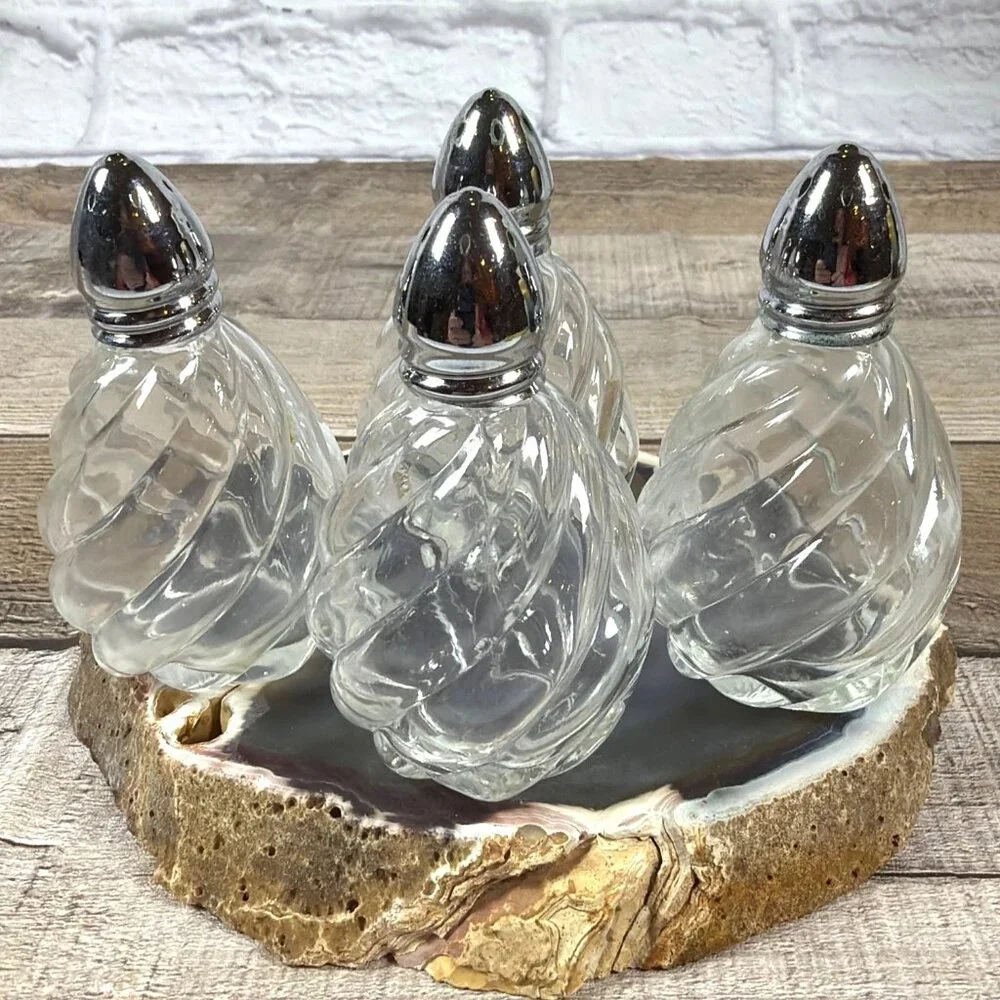 Set Of 4 Clear Glass I Rice Swirl Salt Pepper Mini Shakers Japan 1950s Vintage - Picture 3 of 13